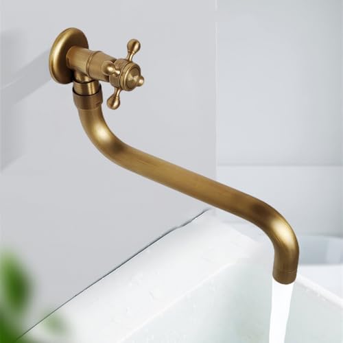 NIUKOMY Vintage Wasserhahn Messing Antike, Garten Kaltwasserhahn Wandmontage Lang, 360° Drehbar Einhebel Küche Spültischarmatur, Kalter Waschtischarmatur G1/2