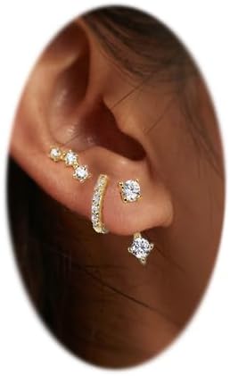 3 Pcs Gold Hoop Earrings Set for Women Sliver Cartilage Huggie Hoop Earrings Dainty Jacket Studs Earring Stack for Multiple Piercing Hypoallergenic Stud Earrings Trendy Jewelry for Women