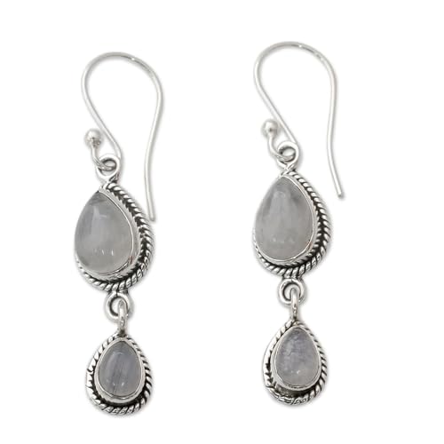 NOVICA Artisan Handmade Rainbow Moonstone Dangle Earrings Fair Trade with Sterling Silver Clear India [1.8 in L x 0.4 in W x 0.2 in D] ' Misty Teardrops'