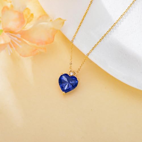 14k Gold Love Heart Gemstone Birthstone Necklaces for Women 3 Carat Heart-cut Created Birthstone Anniversary Birthday Mother's Day Pendant for Her 16+1+1 inch3