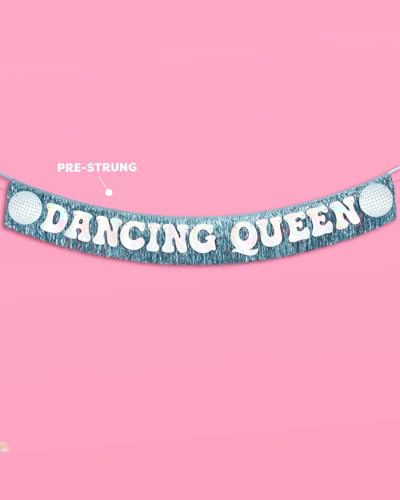 Image of xo, Fetti Dancing Queen Fringe Banner - Iridescent & Blue Fringe, 5 Ft. | Disco Bachelorette Decorations, 70s Backdrop, Groovy Birthday Party, Boogie Bach Backdrop