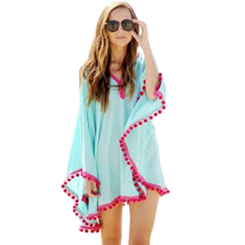 InTrend Forever Classic Blue Beachwear Coverup Kaftan Top with Pink Pompom Lace Free Size