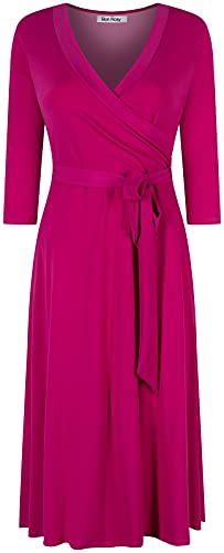 Image of Women's 3 /4 Sleeve V-Neck Printed Knee Length Midi Faux Wrap Floral Dress Hot Pink L