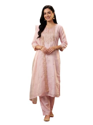 Image of INDO ERA Women's Silk Blend Floral Embroidered Thread Work Straight Kurta & Pant with Dupatta Set | Kurti Set