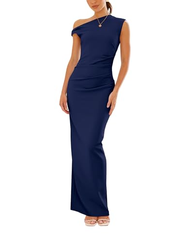 Nova In Sky Womens Summer One Shoulder Party Cocktail Bodycon Maxi Dress Sleeveless Ruched Slit Formal Wedding Guest Dresses