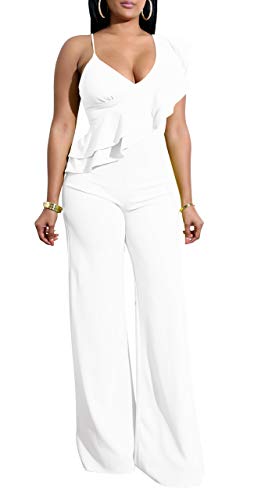Aro Lora Women's Sexy Deep V Neck Sleeveless Ruffles Elegant Wide Leg Jumpsuit Romper Party Clubwear Small White