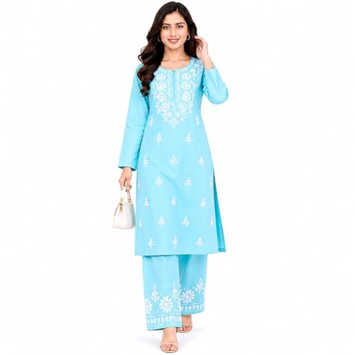 Image of Women's Chikankari Embroidered Straight Kurta with Palazzo Set, Traditional Kurti Bottom Set |Round Neck Full Sleeve Outfit for Daily,Office, Festive & Casual