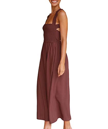 Image of Sexyshine Women's Square Neck Halter Lace Up Criss Cross Maxi Dress Tie Back Sleeveless Smocked Ruched A Line Dress