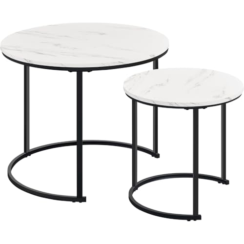 Yaheetech Juego de 2 Mesa de Centro Redonda Anidable con Patas de Metal Set 2 Mesa de Centro Nido Maderna de Café Rustica para Salón Mesa Auxiliar Madera Efecto de mármol Blanco 60x60x50,5cm