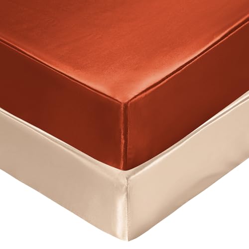 Image of SiinvdaBZX 2 Pcs Satin Crib Sheets for Baby Hair, Rust Orange & Beige | 52 x 28 Inch Silk-Like Soft Fitted Crib Sheets Baby Mattress Sheets for Standard Crib, Toddler Mattress, with 8 Inch Pocket