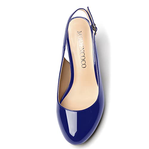 MODENCOCO Women's Solid Round Toe Buckle Patent Slingback Block High Heel Pumps Shoes 3.5 Inch3