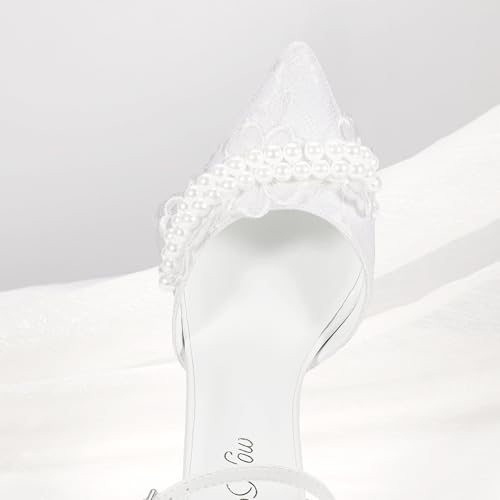 Mofri ShowHow Women's High Heels Stiletto Closed Pointed Toe Heels Pearl Lace Wedding Shoes Ankle Strap Pumps Bridal Party Wedding Dress Shoes 5
