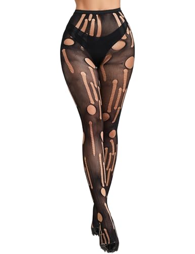 ohyeah Women Sexy Tights Ripped Fishnet Stockings High Waisted Pantyhose for Women Black Sheer Tights Holes Leggings XS-M