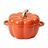 FYUEROPA Pumpkin Bowl Set with Lid and Handle, 14 Oz Ceramic Ramekins for Baking, Casserole Dish Individual Severing Pot, Stoneware, Oven Safe (Orange)