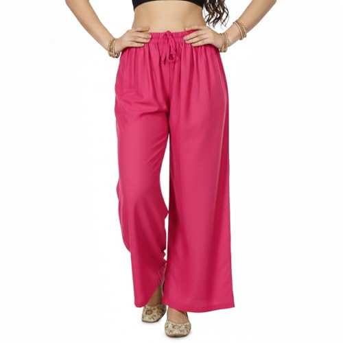 Image of Women's Rayon Palazzo Pants | Solid Color Wide Leg Trousers in 18 Shades | Elastic Waist Casual Bottoms XS-7XL | Comfortable