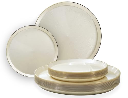 " OCCASIONS " 60 Plates Pack (30 Guests)-Heavyweight Wedding Party Disposable Plastic Plate Set -30 x 10'' Dinner + 30 x 7'' Salad/dessert plates (Reef - Ivory & Gold)