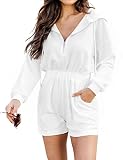 Aedceal Women's Summer Long Sleeves Rompers Hooded Quarter Zip Jumpsuits Overalls Shorts with Pocket