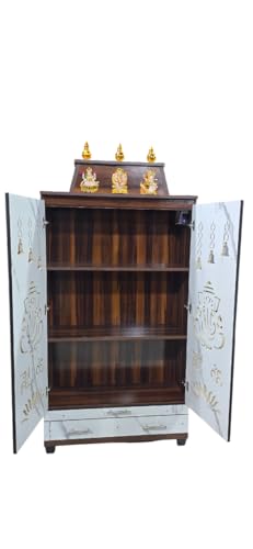 Image of 6 x 3 ft Wooden Pooja Mandir with kalasam | 36 inch L x 72 inch H x 12 inch D | White Marble Finish