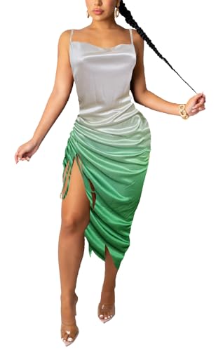 Image of Club Dress Sexy Dress for Women Wedding Party Birthday Cocktail Spaghetti Strap Satin Side Ruched Midi Mini Dress