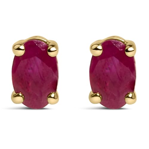 14K Yellow Gold 5x3 MM Oval Red Ruby Solitaire Stud Earrings