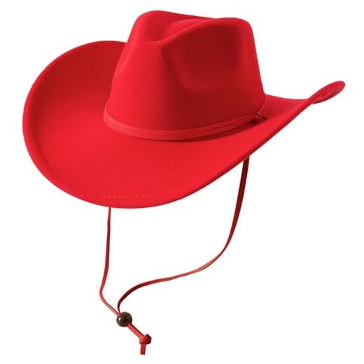Lanzom Women Men Retro Felt Wide Brim Western Cowboy Cowgirl Hat Dress Up Hat with Wind Lanyard (Red,Medium)