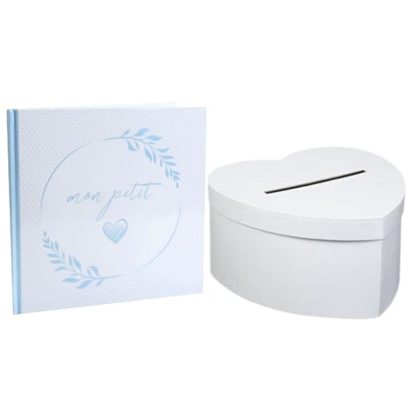 Pack Comprenant 1 Tirelire urne Forme Coeur avec 1 Livre d'or baptême Mon Petit Coeur Bleu et Blanc