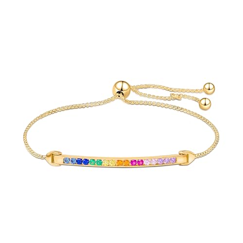 Amberta Lumini Women 925 Sterling Silver Rainbow Bracelet: Gold Colorful Tennis Bracelet