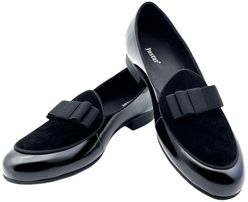 Justar Men's Leather Tuxedo Dress Shoes Slip-On Belgian Loafers Formal Banquet with Bowtie