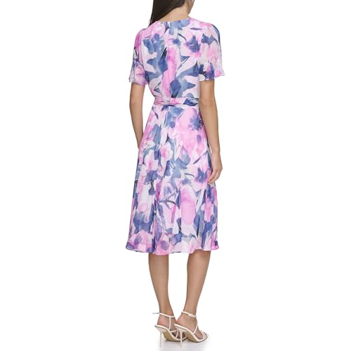 Image of DKNY Women's Flutter Sleeve Round Neck Waist Tie Midi Dress