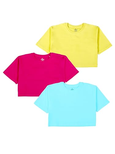Image of KiddoPanti Girls 100% Cotton Solid Drop Shoulder Half Sleeve Round Neck Crop Tee