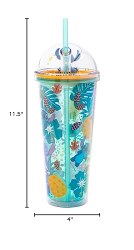 Image of Silver Buffalo Disney Lilo and Stitch Aloha, Dome Top Travel Tumbler, 24oz | Tropical Leaves Pattern, Glitter Finish, 0.71 Liters