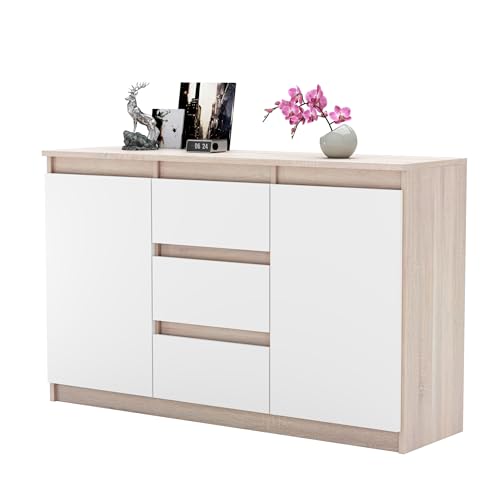 MartHome Moderne Kommode ALEXO - 120cm Breit, 75cm Hoch, 3 Schubladen, 2 Türen, Robuste Laminat-Konstruktion, Vielseitig für Wohnzimmer, Schlafzimmer, Home-Office Eiche Sonoma/Weiß Matt Front