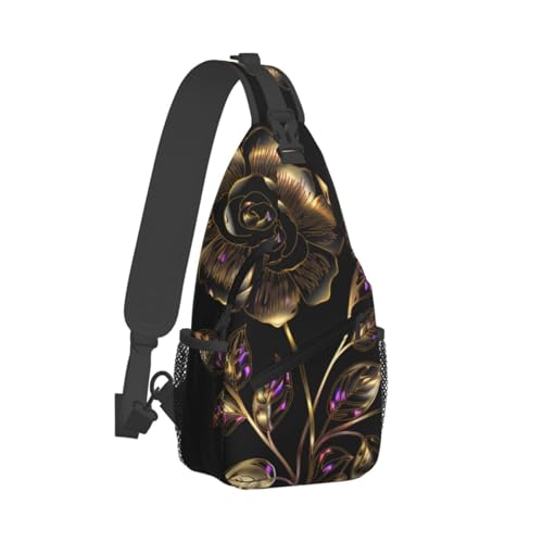 Bolso Cruzado de Pecho para Hombre Negro con Flores Doradas miniatura 2
