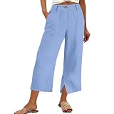 KOG 3/4 HOSE DAMEN LEINENHOSE MODE SOMMERHOSE BAUMWOLLE LEINEN CARGOHOSEN ELEGANTE FRAUEN JOGGINGHOSE EINFARBIGE ARBEITSHOSEN LANGLAUFHOSE OUTDOORHOSE WEITE BUSINESS HOSE BLAU S