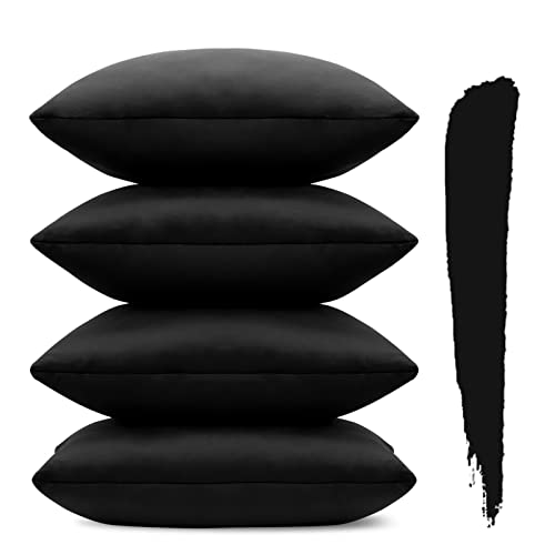 Image of Sungeek Set of 4 Decorative Cushion Covers Solid Soft Velvet Pillow Covers with Invisible Zipper Square Throw Pillow Cases for Sofa Car Patio Bedroom Living Room 60x60cm Black