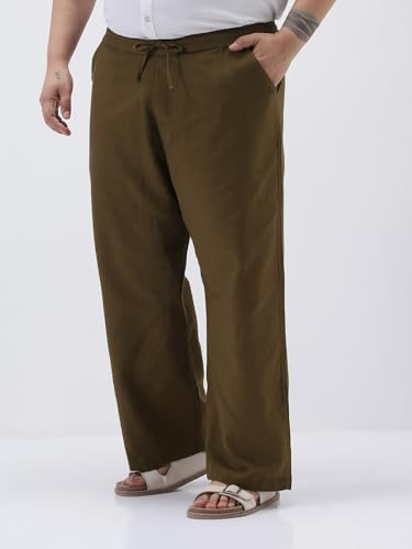 Image of Urbano Plus Men's Loose Fit Solid Linen Blend Trousers Non-Stretchable