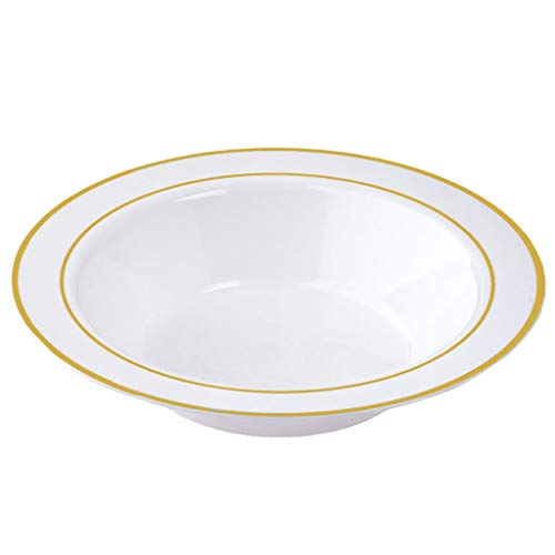50 Disposable White Gold Trim Plastic Soup Bowls | 14 Oz. Premium Heavy Duty Disposable Dinnerware With Real China Design | Safe & Reusable And Great For Parties Or Weddings. (50-Pack) Gold #TOP6