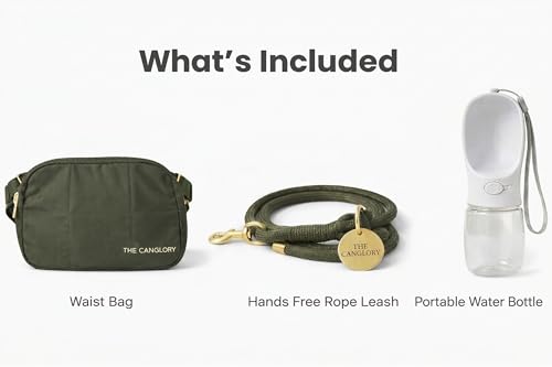 THE CANGLORY Dog Walking Bag Set - 3-in-1 Crossbody Fanny Pack, 78" Hands Free Rope Leash & 12 oz Water Bottle, Poop Bag Dispenser, Hands Free Kit for Dogs, Olive Green by The CanGlory - Image 2