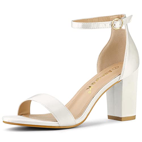 Allegra K Women's Satin Open Toe Ankle Strap Chunky White Heels Sandals 7 M US