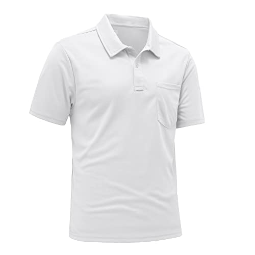 Rdruko Mens Polo T-Shirts Short Sleeve with Pocket Breathable Polyester Golf Polo Shirts Casual Work Wear White XXL