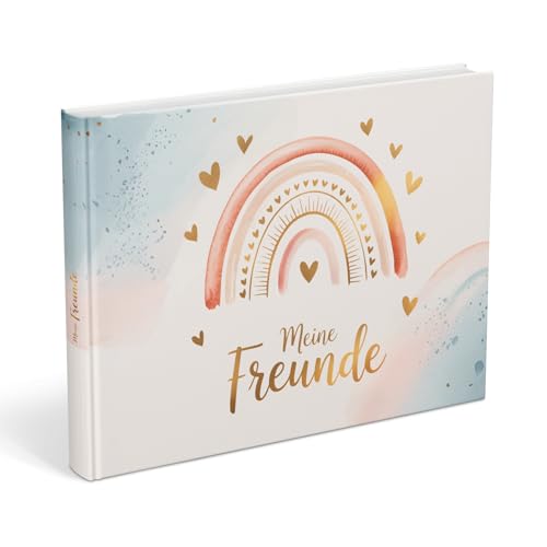 Freundebuch für die Schule mit Regenbogen-Motiven | Erinnerungsbuch zum Ausfüllen mit Platz für 30 Freunde & 5 Wegbegleiter (z. B. Lehrer) | Beliebtes Geschenk für Mädchen im Grundschulalter