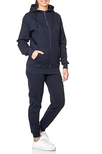 L.gonline Damen Jogginganzug Uni 586 | Baumwolle | Trainingsjacke mit Reißverschluss | Hose mit Gummizug und Zugband | Rippstrickbündchen | Navy, L