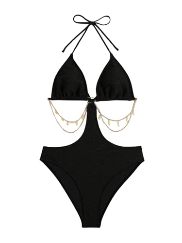 OYOANGLE Women's Chain Linked Cut Out Halter One Piece Swimsuit Tummy Control Bathing Suit3