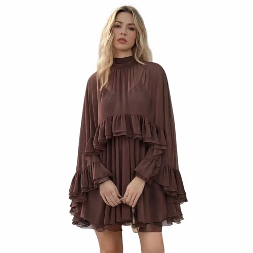ENGWO Womens Semi Sheer Chiffon Ruffle Dress with Outer Cape Poncho Sleeve Flowy Mini Dress Loose Fit Elegant Summer Dress (US Alpha Large Regular Regular Coffee)