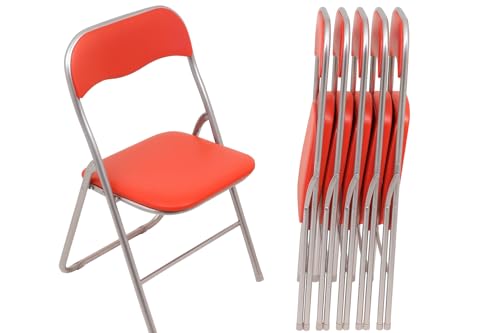 HAEST - Klappstühle 6er Set, Klappstuhl gepolstert mit Metallrahmen & Kunstleder, platzsparend, bis 100 kg belastbar, Ideal als Küchenstühle & Gartenstühle, Silber-Rot