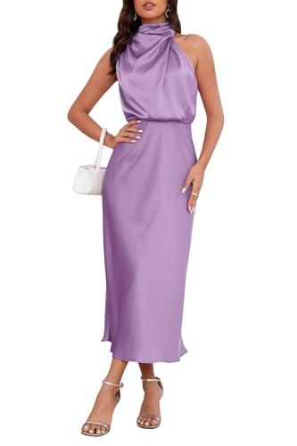Image of Women's Satin Maxi Dress Summer Formal Wedding Guest Cocktail Dress | Mock Neck Sleeveless,Elegant Silk Midi Long Dress,High Neck,Halter,Aline,Bridesmaid,Bridal Shower Guest,Garden Party,Dinner