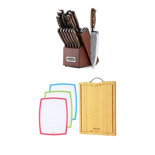 McCook MC17 15 Pieces Stainless Steel Knife Block Sets with Built-in Sharpener + MCW11 Bamboo Cutting Boards Set of 4 (Large, 17â€11.4â€0.8â€)