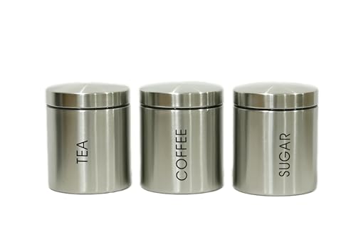 Image of Kabalo Set of 3 Silver Tea Coffee & Sugar Canisters Kitchen Storage Containers Jars Stainless Steel Pots (10cm x 12cm each)