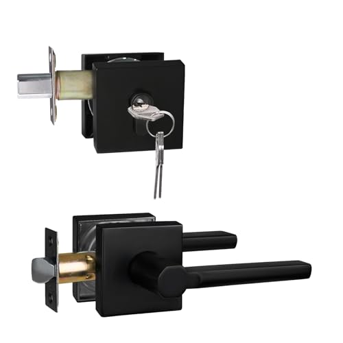 Image of NEWBANG Keyed Deadbolt Lock with Passage Lever Handle for Exterior Entrance in Matte Black, Heavy Duty and Reversible, HD1601-DB-DT-PS-SET-1P