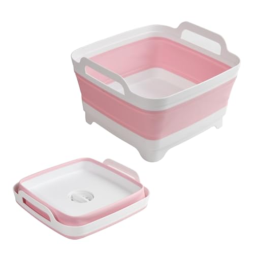 Image of Collapsible Dish Basin Foldable Kitchen Sink With Drain Plug Plastic Laundry Tub 9L/2.4Gal RV & Camping Wash Basin Space-Saving Bottle Washing Sink (Pink)